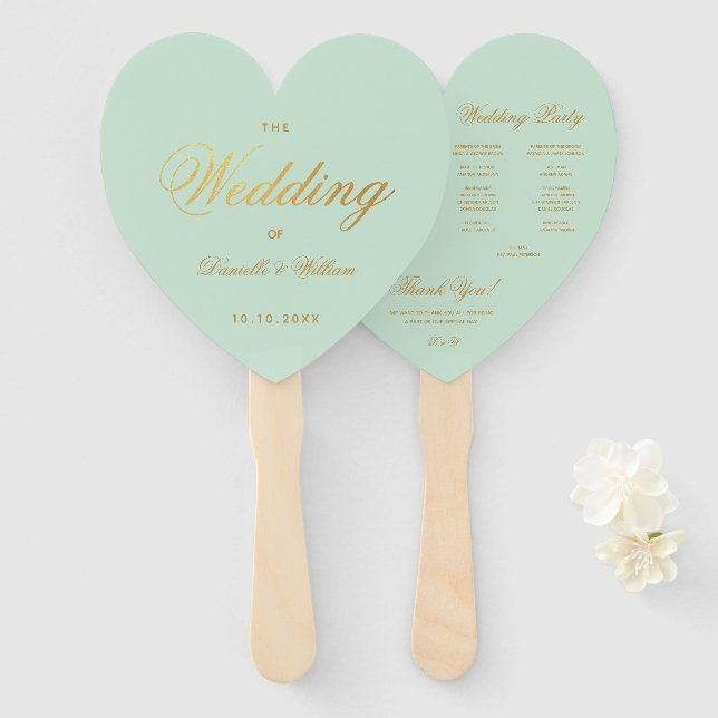 Leque Mint Wedding Program Faux Dourado Script Green Hea (Frente e Verso)