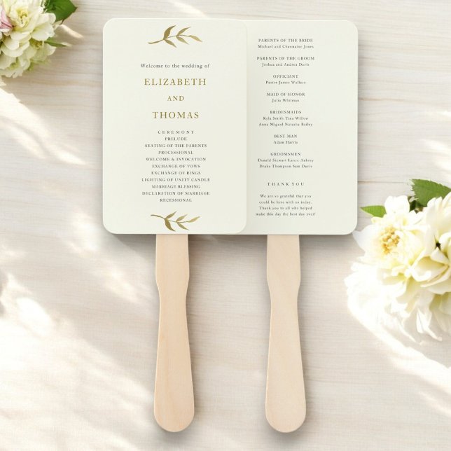 Leque modelo do programa de casamento personalizado de m (wedding program hand fan template in ivory and gold , ideal for a luxury summer wedding)
