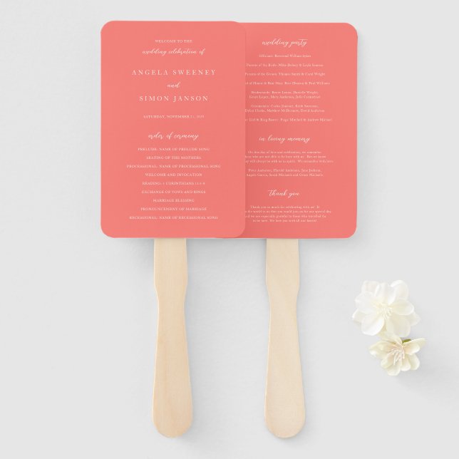 Leque Modern Bold Vibrant Coral Simple Wedding Program (Frente e Verso)