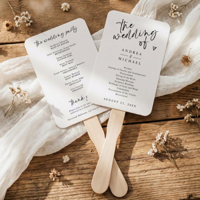 Leque Modern Handwriting Black & White Wedding Programs (Modern black and white wedding program fan with “the wedding of” in handwritten script)