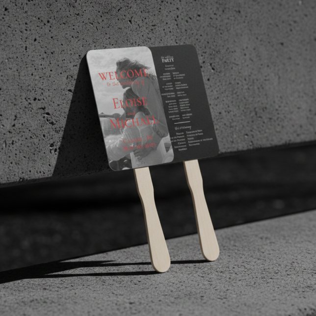 Leque Modern Handwritten Overlay Photo Wedding (Modern Red Photo Wedding Program Fan)