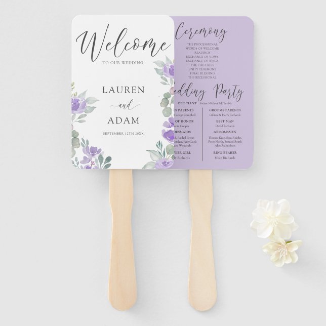 Leque Modern Purple Floral Wedding Program (Frente e Verso)