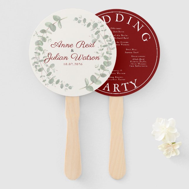 Leque Modern Red eucalyptus leaves Program Hand Fan (Frente e Verso)