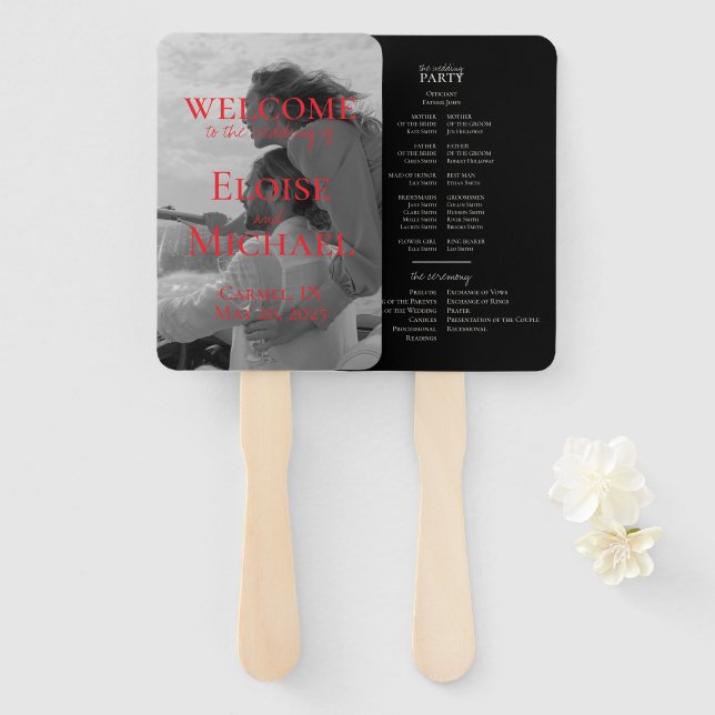 Leque Modern Red Photo Wedding Program Fan (Frente e Verso)