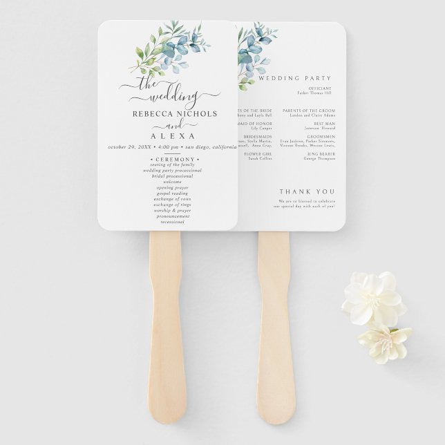 Leque Modern Watercolor Eucalyptus Greenery Wedding (Frente e Verso)