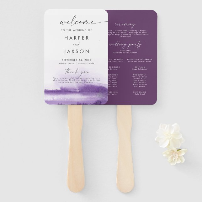 Leque Modern Watercolor | Programa Casamento Roxo (Frente e Verso)