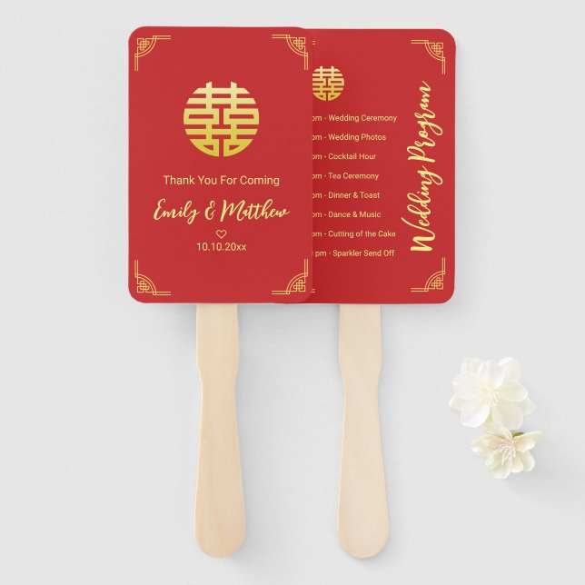 Leque Moldura dourada de casamento chinês programa duplo (Frente e Verso)