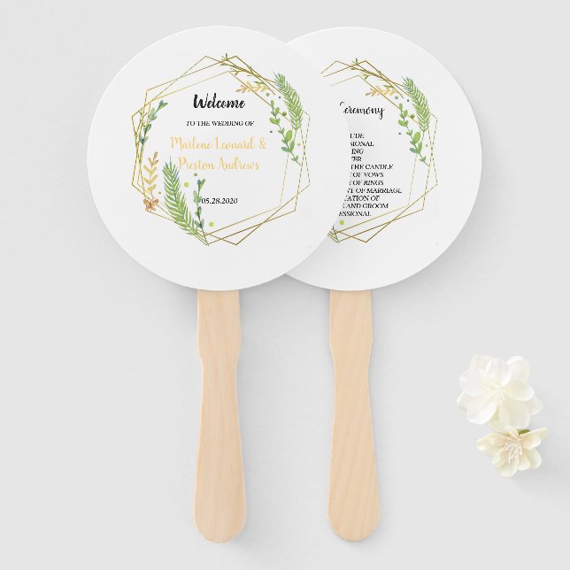 Leque Moldura geométrica moderna do ouro deixa floral (Frente e Verso)