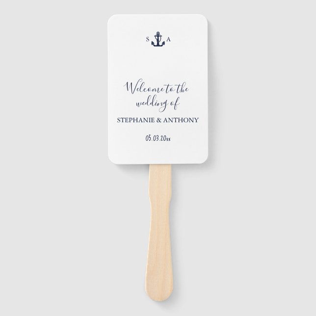 Leque Monogram Nautical Navy Blue Anchor Wedding    (Frente)