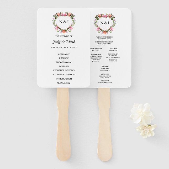 Leque Monograma Rosas Românticas Coração Floral (Frente e Verso)