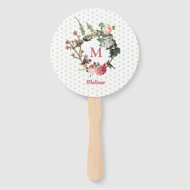 Leque Monograma Vintage Bolinhas Florais & Bird Wreath (Frente)