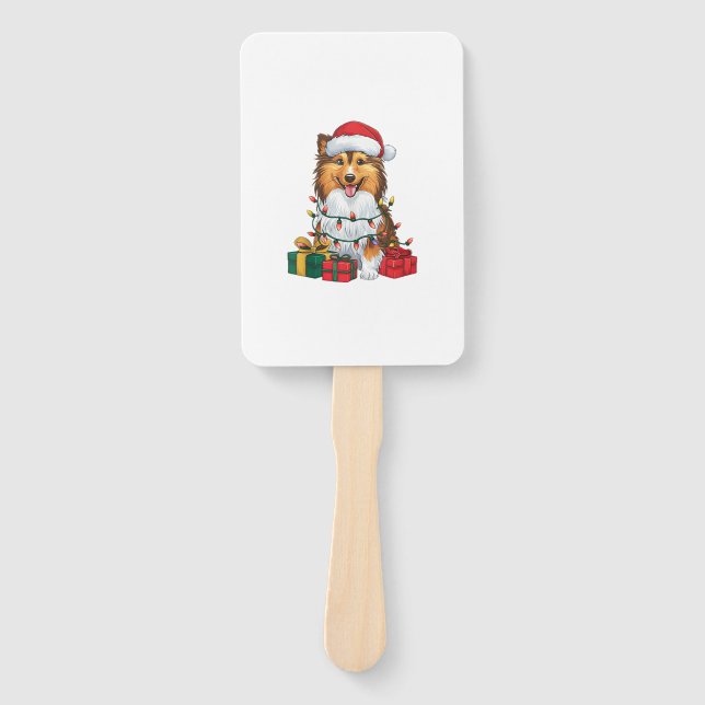Leque Natal de Santa Hat Sheltie no Xmas Lighting (Frente)