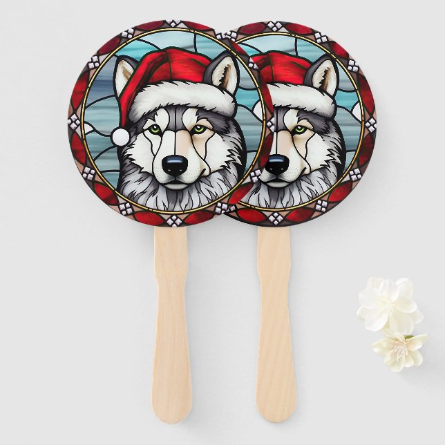 Leque Natal em Vidro Pintado Husky Siberiano (Frente e Verso)