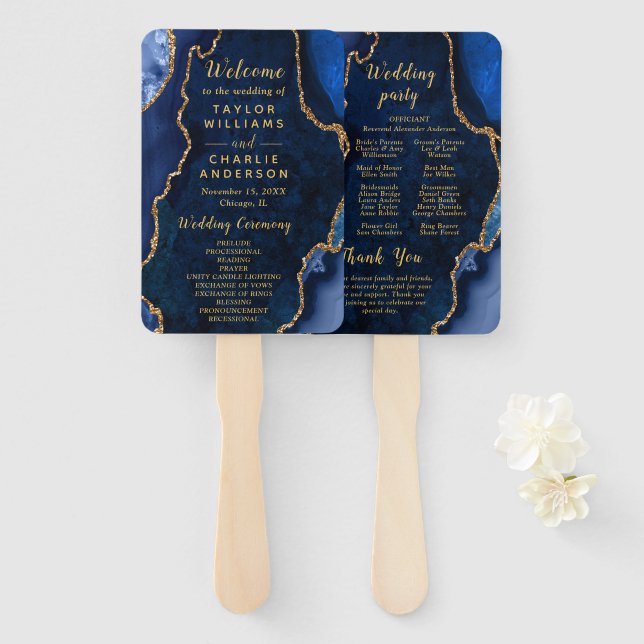 Leque Navy Blue and Gold Agate Wedding Program (Frente e Verso)