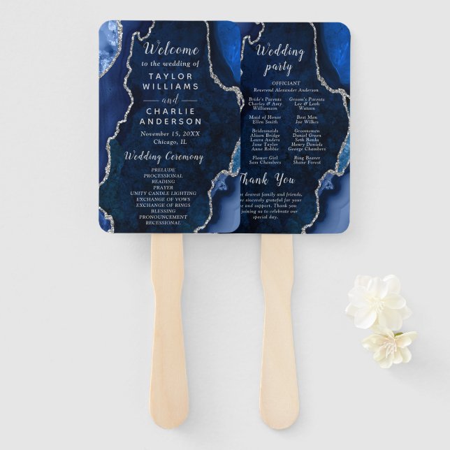 Leque Navy Blue and Silver Agate Wedding Program (Frente e Verso)