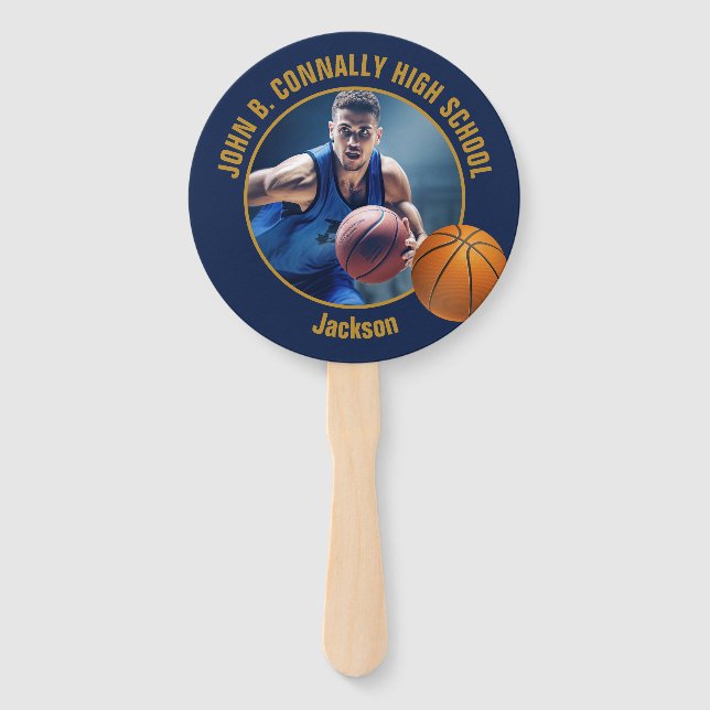 Leque Navy Blue Gold Basketball Player Photo High School (Frente)