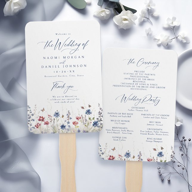 Leque Navy Blue Wildflower Rustic Wedding Programs (Navy Blue Wildflower Rustic Wedding Programs Hand Fan)