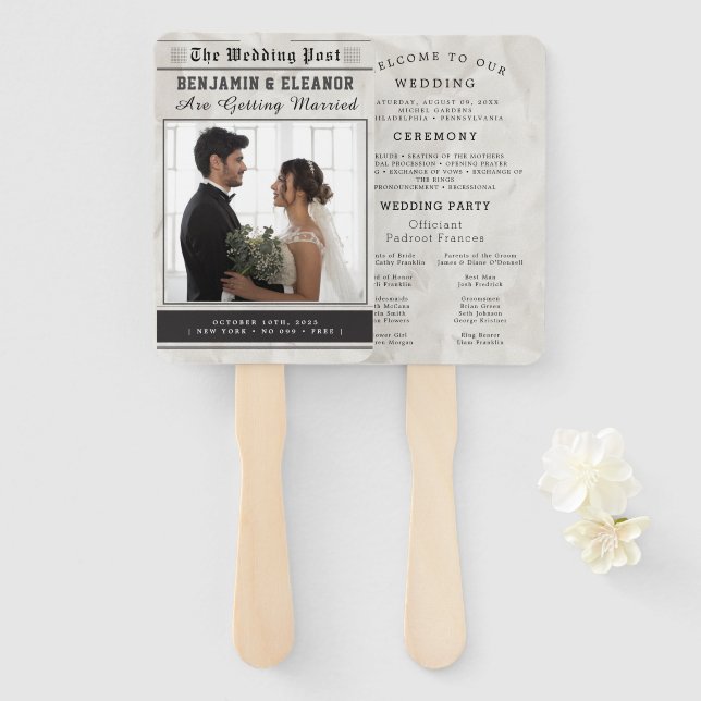 Leque Newspaper Photo Wedding Program Timeline (Frente e Verso)