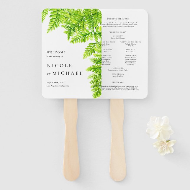 Leque Noiva Folhas de Samambaia Verde Chartreuse Florest (Frente e Verso)