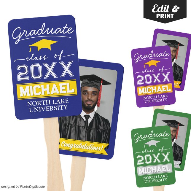 Leque Nome e nome da escola do jardim de graduação editá (Editable Graduation Hand Fan with Name & School, Custom Blue Gold Hand Fan for Graduation Ceremony )