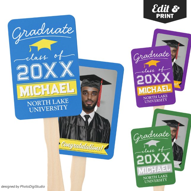 Leque Nome e nome da escola do jardim de graduação editá (Editable Graduation Hand Fan with Name & School, Custom Blue Yellow Hand Fan for Graduation Ceremony)