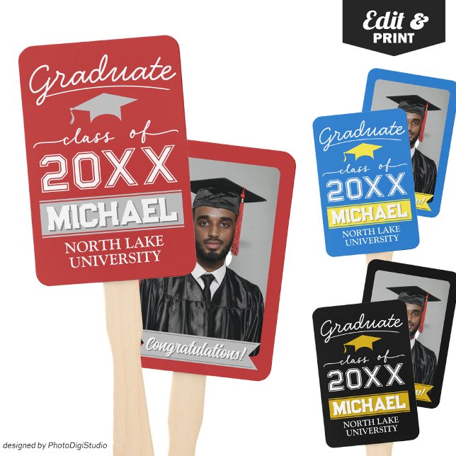Leque Nome e nome da escola do jardim de graduação editá (Editable Graduation Hand Fan with Name & School, Custom Red White Hand Fan for Graduation Ceremony )