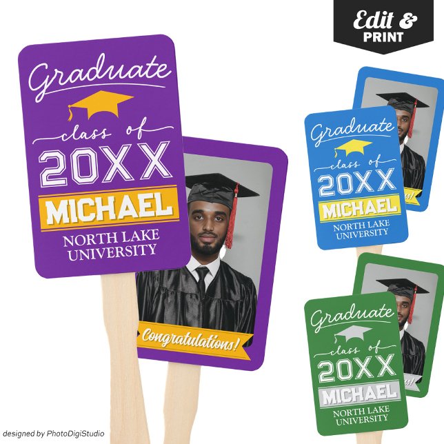 Leque Nome e nome da escola do jardim de graduação editá (Editable Graduation Hand Fan with Name & School, Custom Purple Gold Hand Fan for Graduation Ceremony)