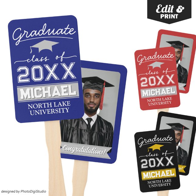 Leque Nome personalizado da bandeira do jardim de format (Editable Graduation Hand Fan with Name & School, Custom Blue Silver Hand Fan for Graduation Ceremony)