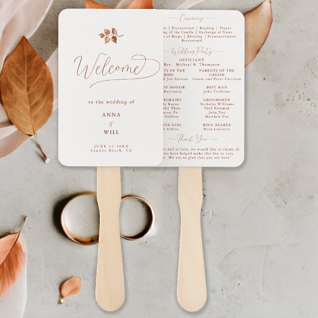 Leque O Outono Deixa A Mão Do Programa De Casamento Chic (Autumn leaves fall wedding program romantic elegant calligraphy terracotta burnt orange classy chic)