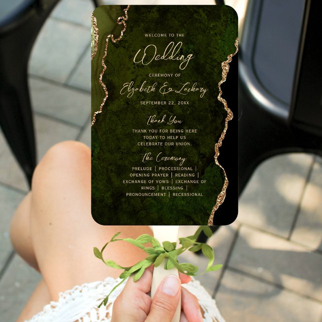 Leque Olive Green Gold Agate Script Wedding Program (Criador carregado)