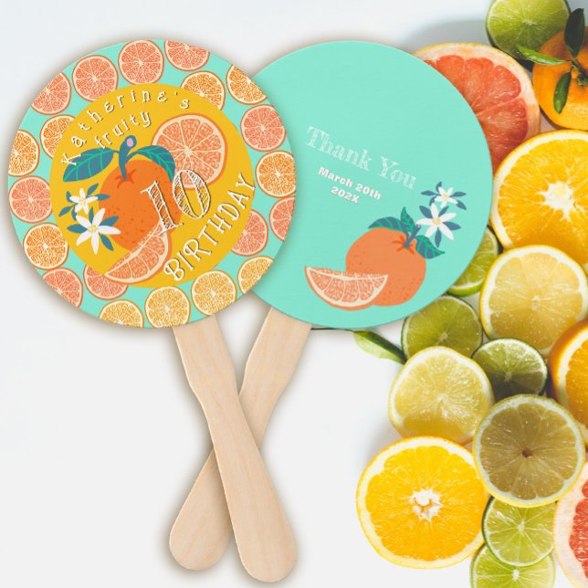 Leque Orange Fruthday Teal (Orange Fruity Birthday Hand Fan.)