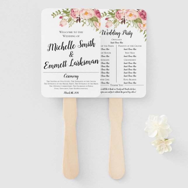 Leque Ordem de Cerimônia de Casamento Rustic Boho Floral (Frente e Verso)