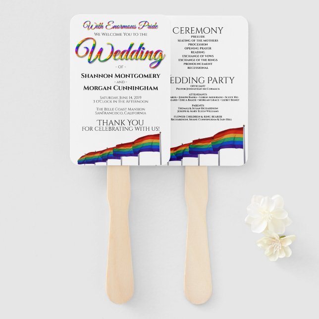 Leque Orgulho gay Rainbow Wedds Fans with Program (Frente e Verso)