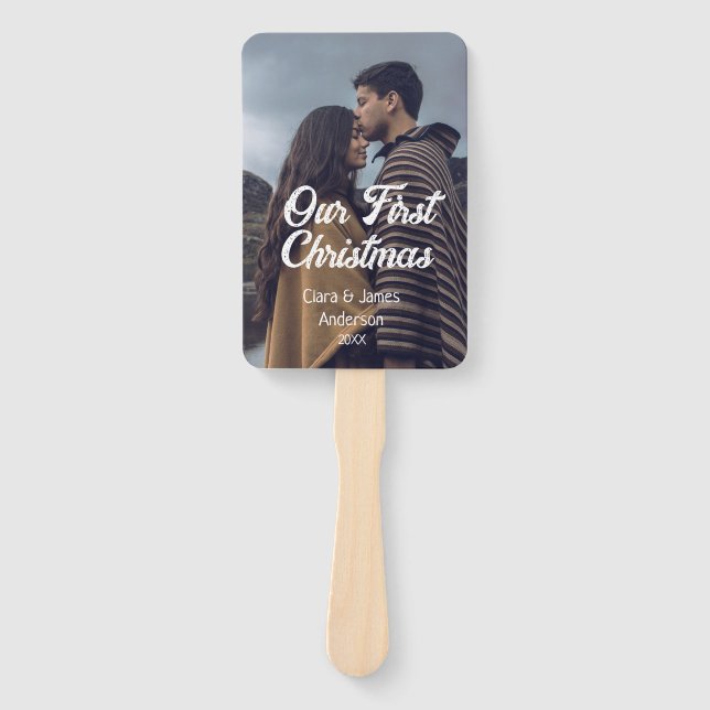 Leque Our first Christmas couple photo name white gray (Frente)