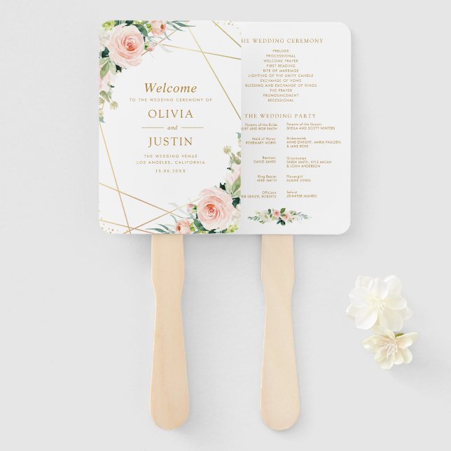 Leque Ouro geométrico e programa de casamentos florais (Frente e Verso)