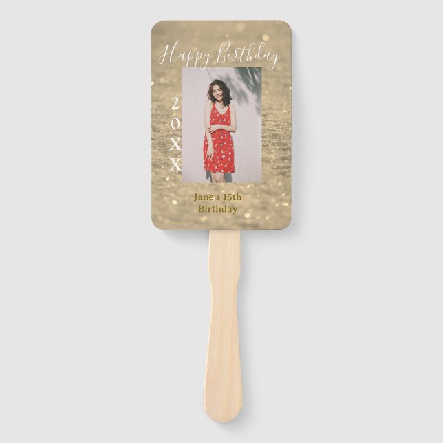 Leque Ouro reluzente feliz 15 de aniversário nome ano (Frente)