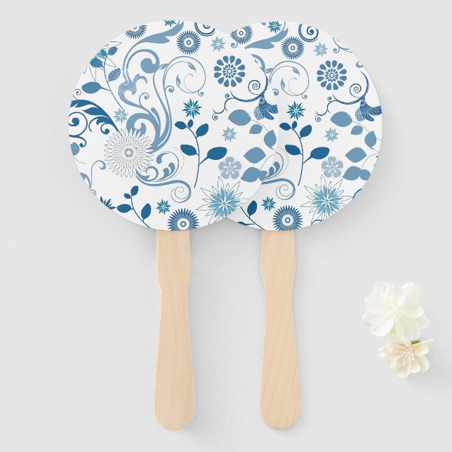Leque Paddle Fan-Blue Floral (Frente e Verso)