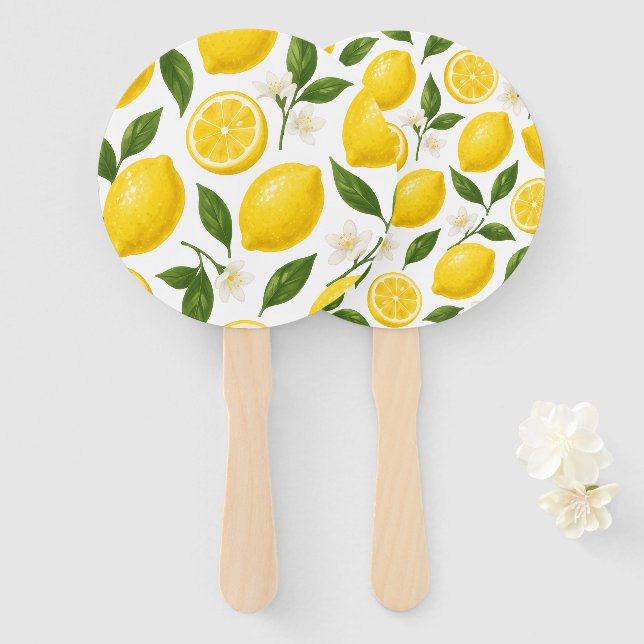Leque Padrão de Limão Fresco com Folhas e Flores (Frente e Verso)