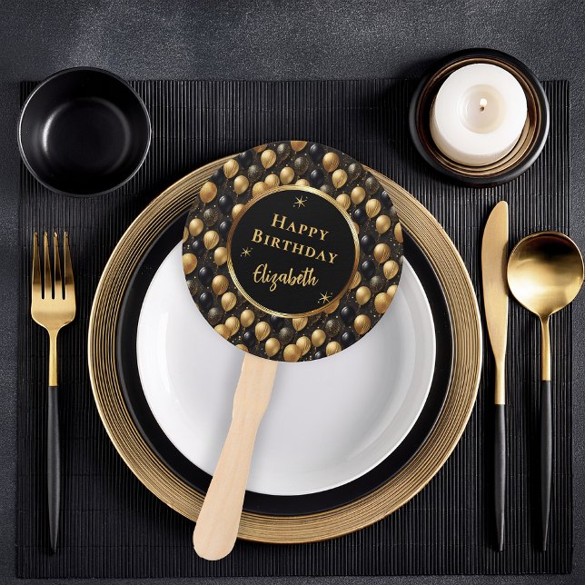 Leque Padrão Elegante Black Glitter Balloons A021 (Elegant Black and Gold Faux Glitter Balloons Patterned "Happy Birthday" Hand Fan)