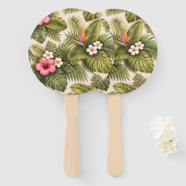 Leque Padrão Floral Tropical – Hibisco, Monstera  (Frente e Verso)