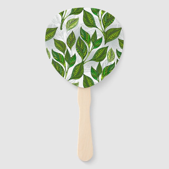 Leque Padrão sem costura com folhas verdes de chá (Frente)