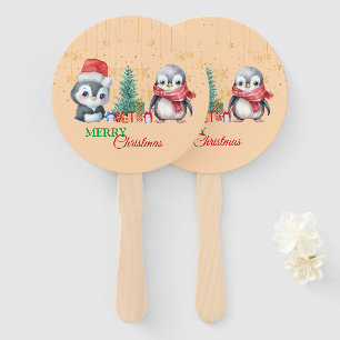 Leque Papais noeis Vermelhos Pinguins Feliz Festa de Nat