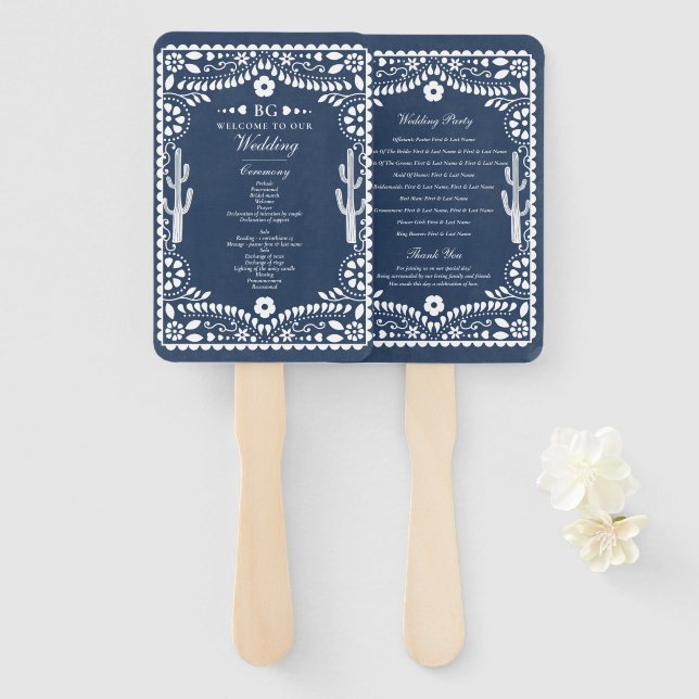 Leque Papel Picado Boda Mexican Rustic Blue Wedding  (Frente e Verso)