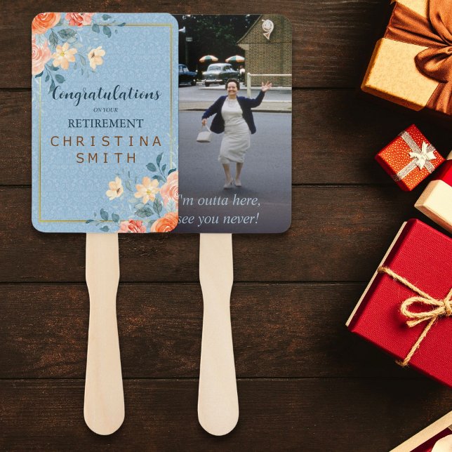 Leque Partido Moderno Elegante de Aposentação Floral de  (Modern Elegant Floral Watercolor Retirement Party Hand Fan)