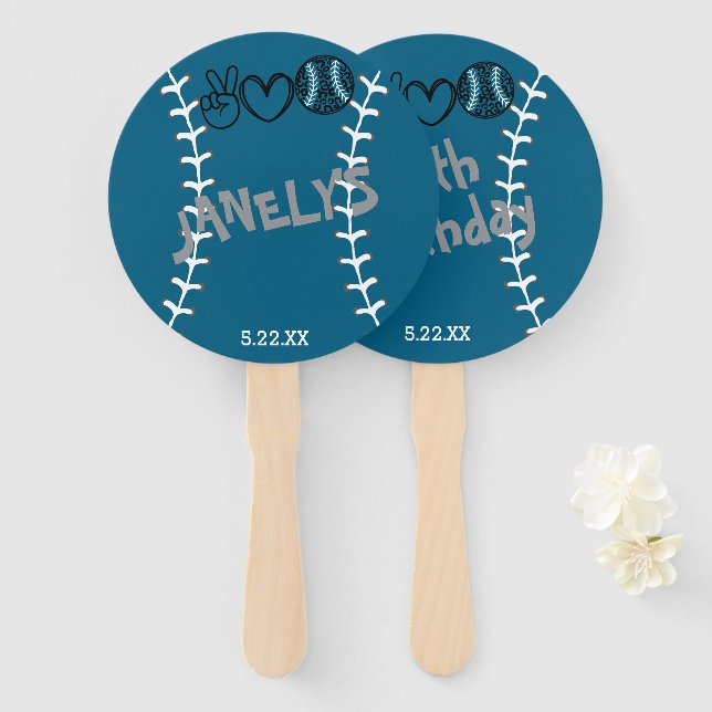 Leque Peace Love Softball Birthday (Frente e Verso)