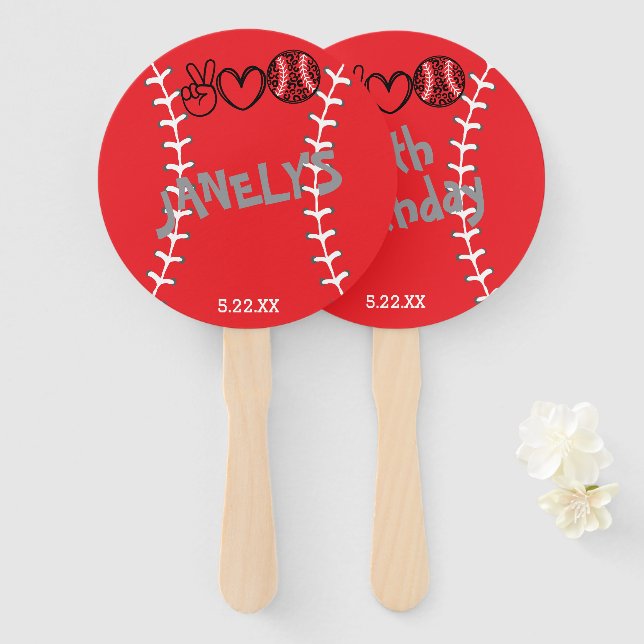 Leque Peace Love Softball Birthday (Frente e Verso)