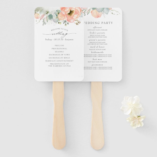Leque Peach Floral Wedding Program (Frente e Verso)