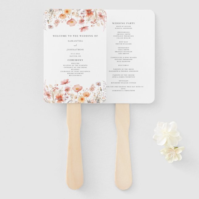 Leque Peach Floral Wildflower Weding Program Fan Fan (Frente e Verso)