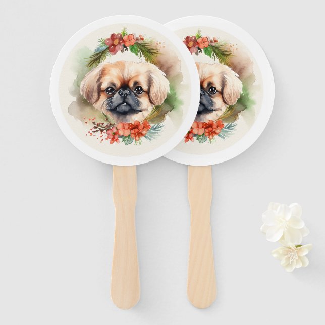 Leque Pekingese Christmas Wreath Festivo Pup (Frente e Verso)