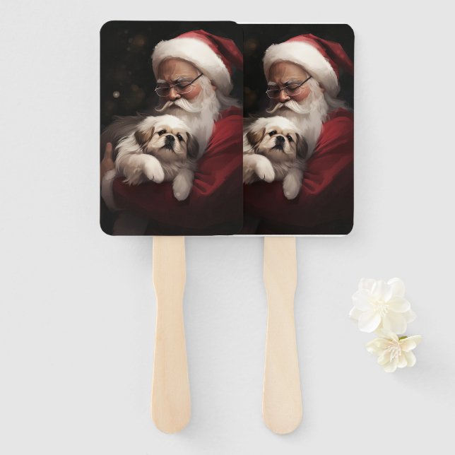 Leque Pekingese com Papai Noel Natal Festivo (Frente e Verso)